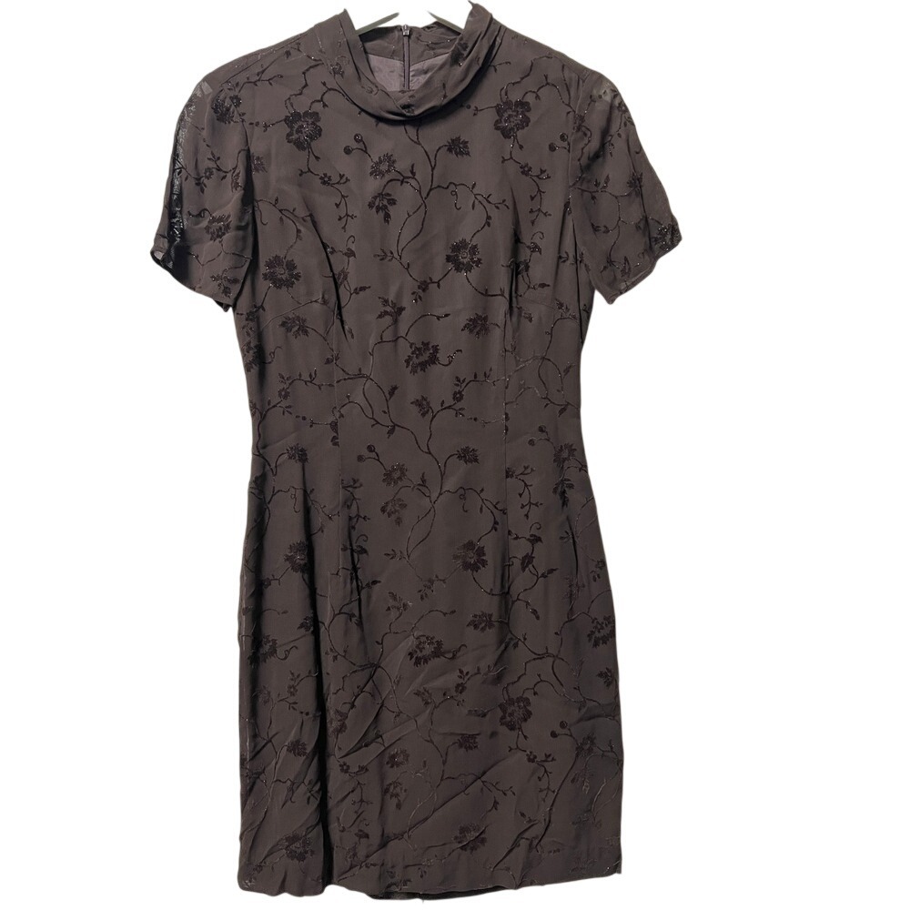 Siri Floral Sheer Mock Neck‎ Glitter Velvet Dress in Chocolate Brown